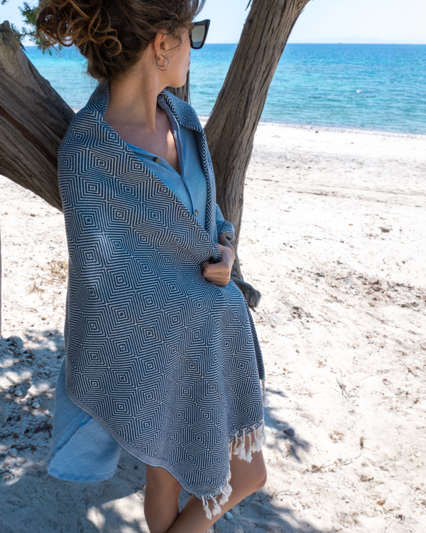 CRYSTAL Beach Towel, Turkish Hammam Towel, Spa & Sauna Towel - Blue