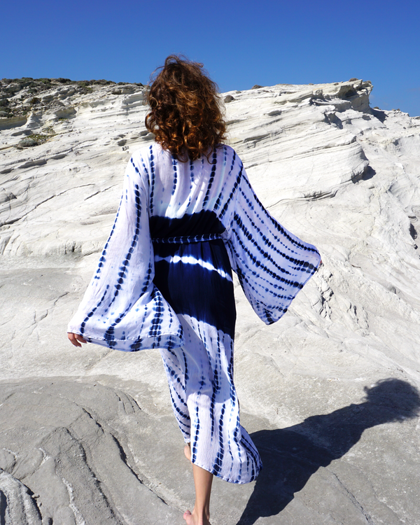 SAMIMI Boho Beach Kimono Robe – Lightweight Viscose / Blue - White