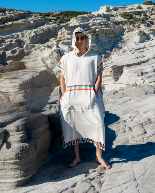 Men Hooded Beach Pool Spa Sauna Poncho, Changing Towel, Made of Bamboo and Cotton - Rainbow, with Recycled Gift Box