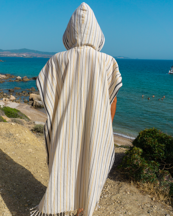 Men Hooded Beach Pool Spa Sauna Poncho, Changing Towel - Stripe Yellow, with Recycled Gift Box