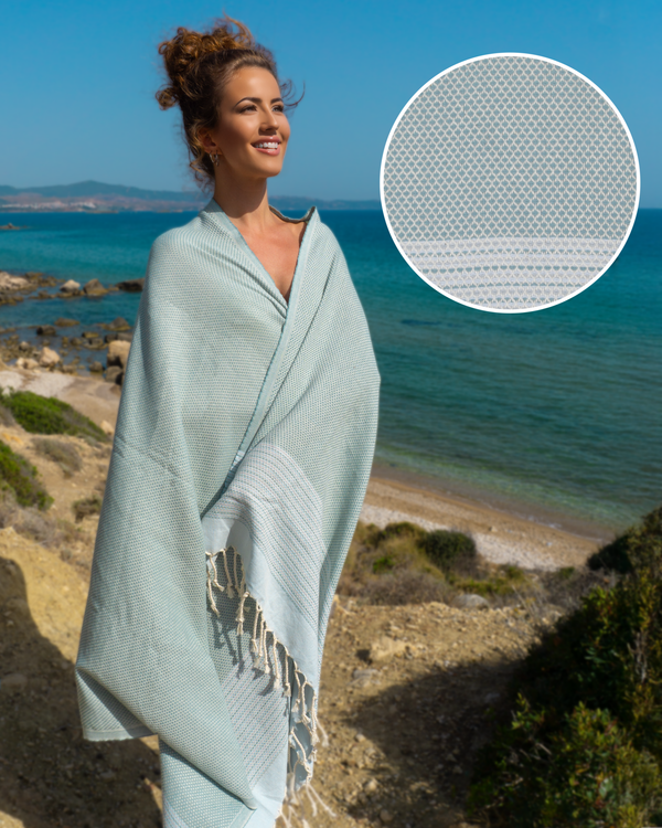 PHARAO Beach Towel, Turkish Hammam Towel, Spa & Sauna Towel - Mint / Light Blue
