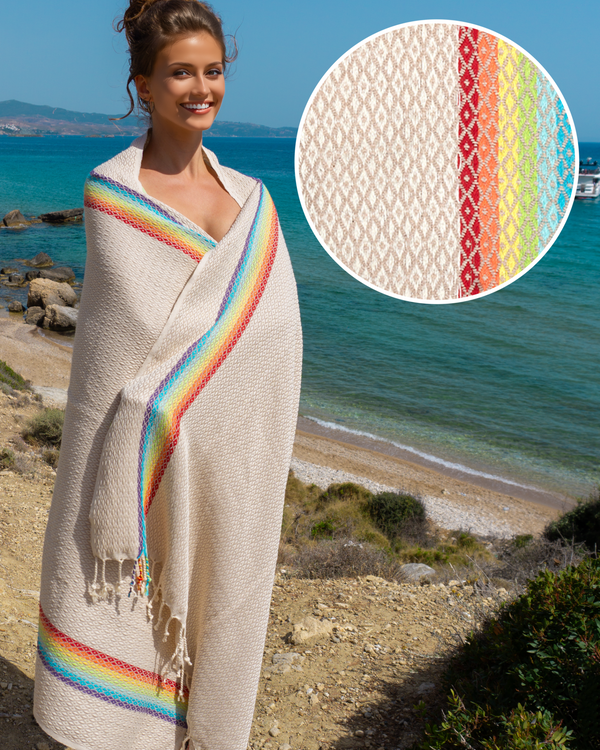RAINBOW Beach Towel, Turkish Hammam Towel, Spa & Sauna Towel - Beige
