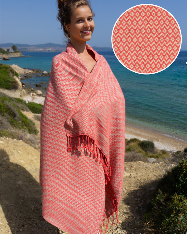 SAMOS Turkish Cotton Scarf Hammam Towel - Fuchsia / Beige
