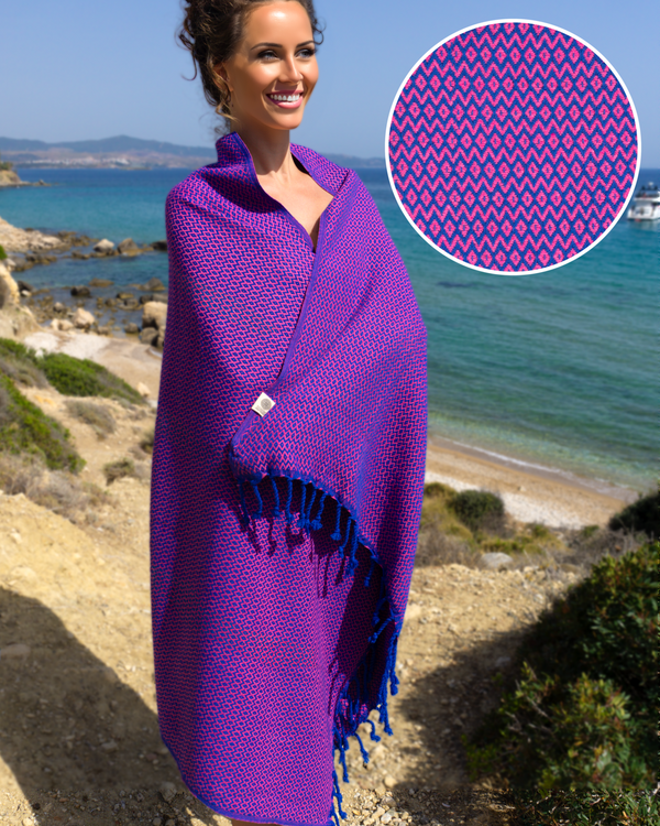 SAMOS Turkish Cotton Scarf Hammam Towel - Blue / Fuchsia