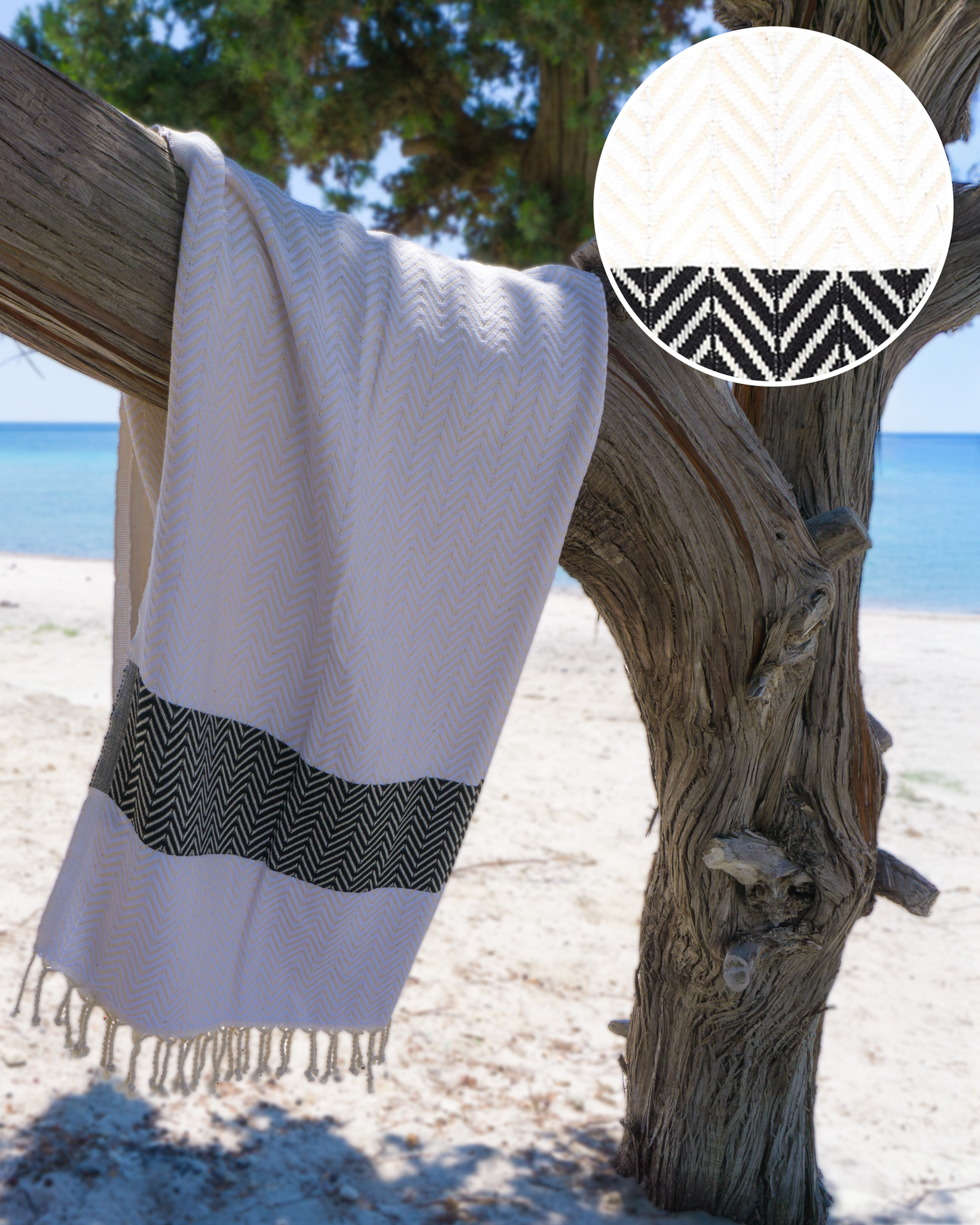 BALIK Hammam Towel, Beach Towel, Pestemal - White / Black