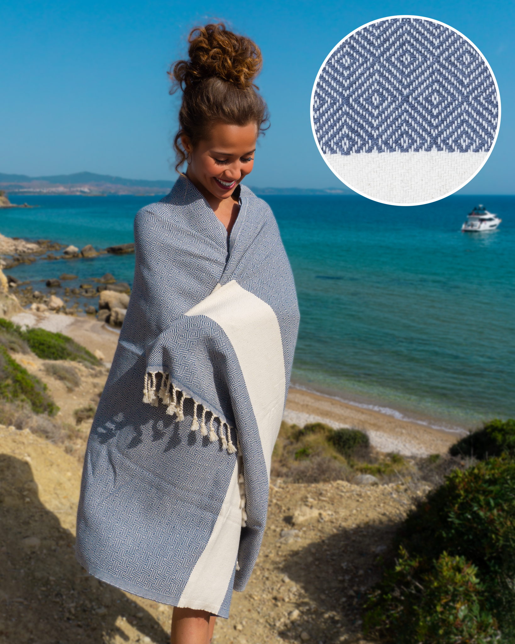 DIAMANT Hammam Towel, Beach Towel, Pestemal - Blue