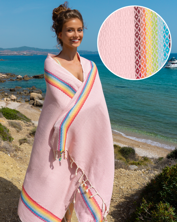 RAINBOW Beach Towel, Turkish Hammam Towel, Spa & Sauna Towel - Pink