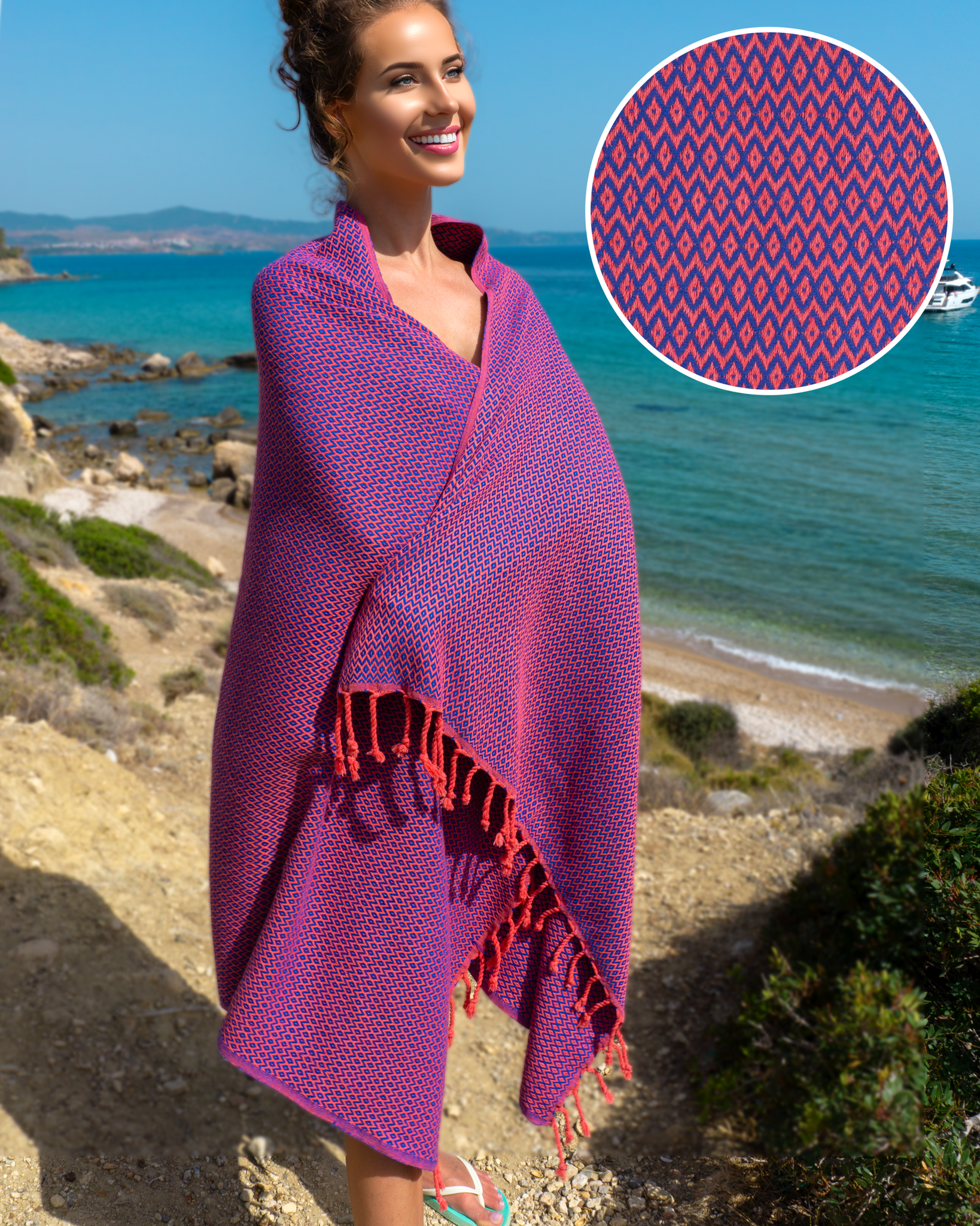 SAMOS Turkish Cotton Scarf Hammam Towel - Fuchsia / Blue