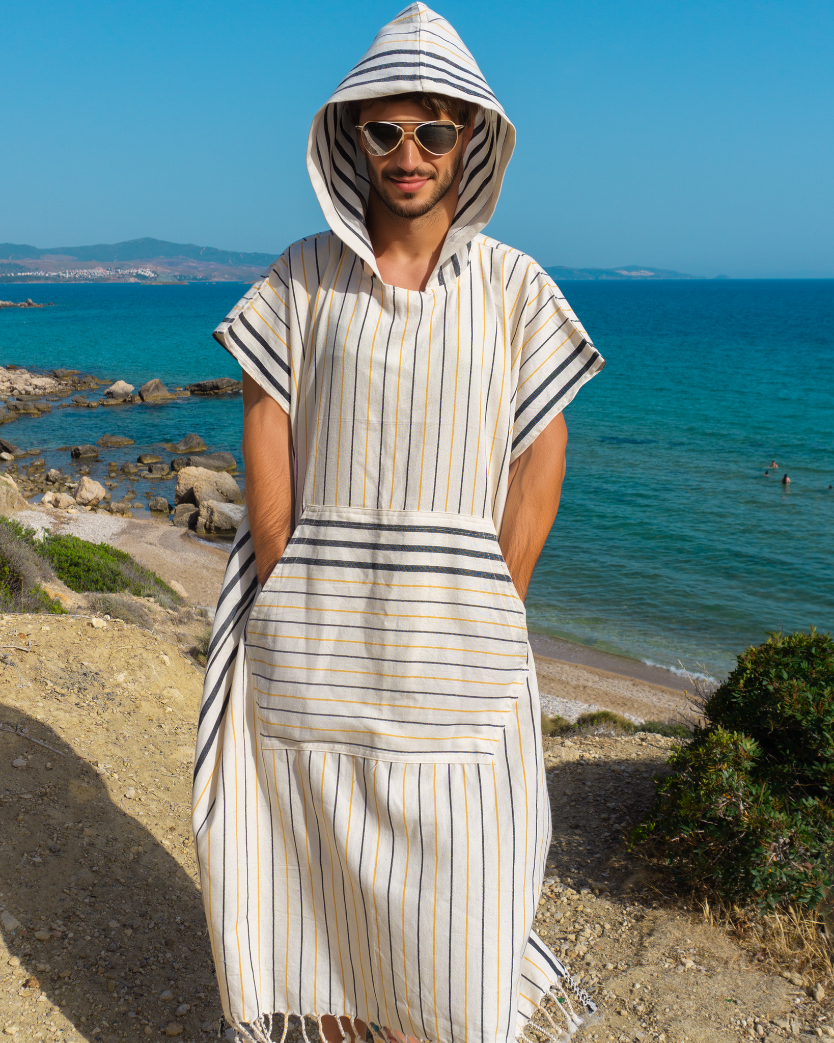 Samimi Hooded Beach Poncho Men - Stripe Yellow